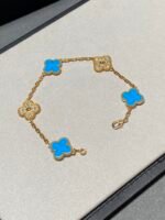 [Eternal Jewelry]CLOVER 5 MOTIF BLUE CHALCEDONY DIAMOND GOLD BRACELET - Image 6