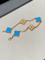[Eternal Jewelry]CLOVER 5 MOTIF BLUE CHALCEDONY DIAMOND GOLD BRACELET - Image 7
