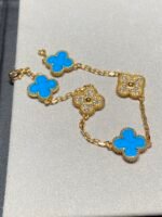 [Eternal Jewelry]CLOVER 5 MOTIF BLUE CHALCEDONY DIAMOND GOLD BRACELET - Image 10