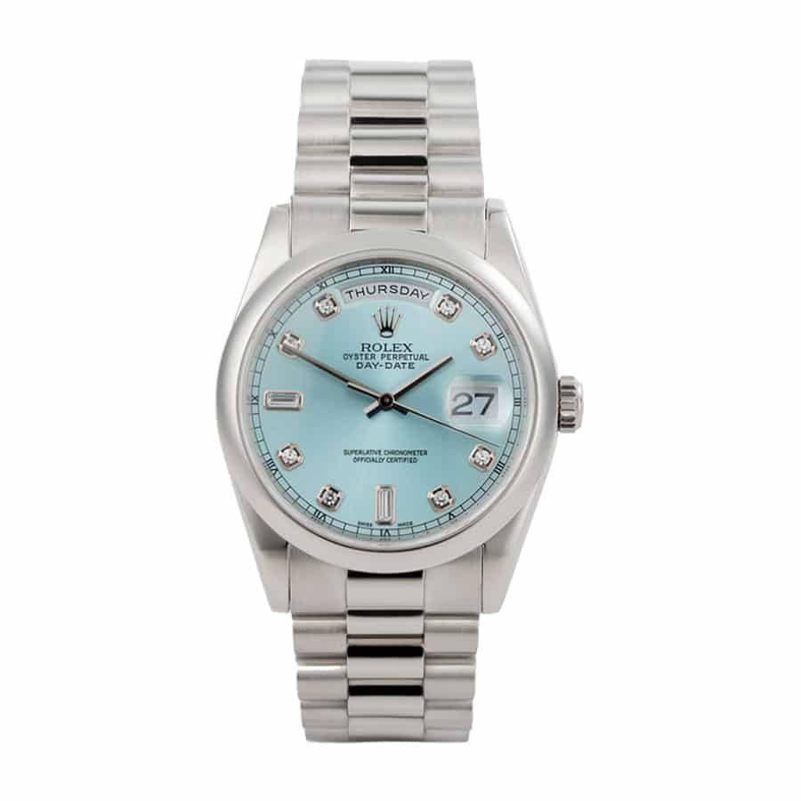 rolex-day-date-ii-218206-v6-stainless-steel-blue-dial-replica.jpg Ice Blue Watch Replica - Image 1