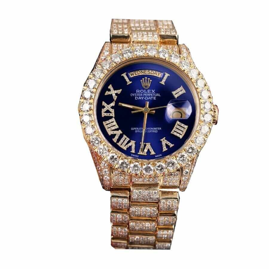 rolex-day-date-yellow-gold-iced-out-diamond-roman-dial-18038-replica-2.jpg Mens Iced Out Watches Replica - Image 1