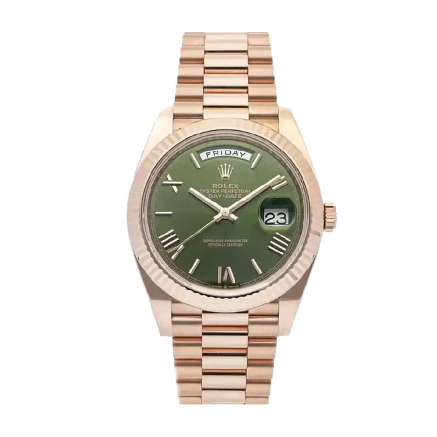 rolex-daydate-228235-replica-1.webp Rolex Day-Date Rose Gold President Green Roman Dial 228235 Replica - Image 1